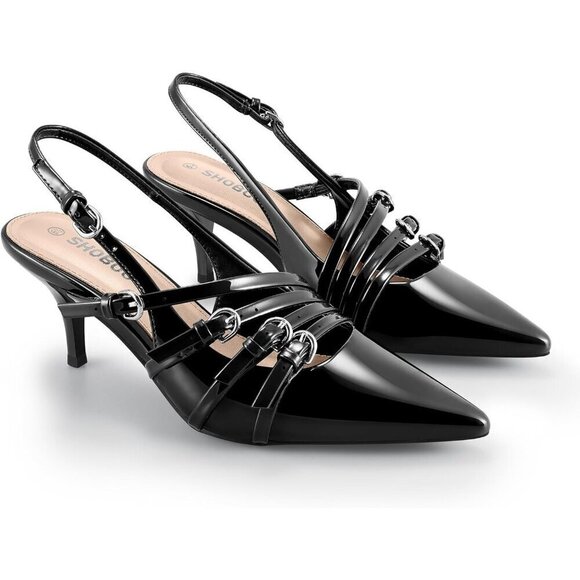 Slingback Kitten Heels for Women Black Polyurethane Multi-Buckle Shoes - Picture 6 of 7